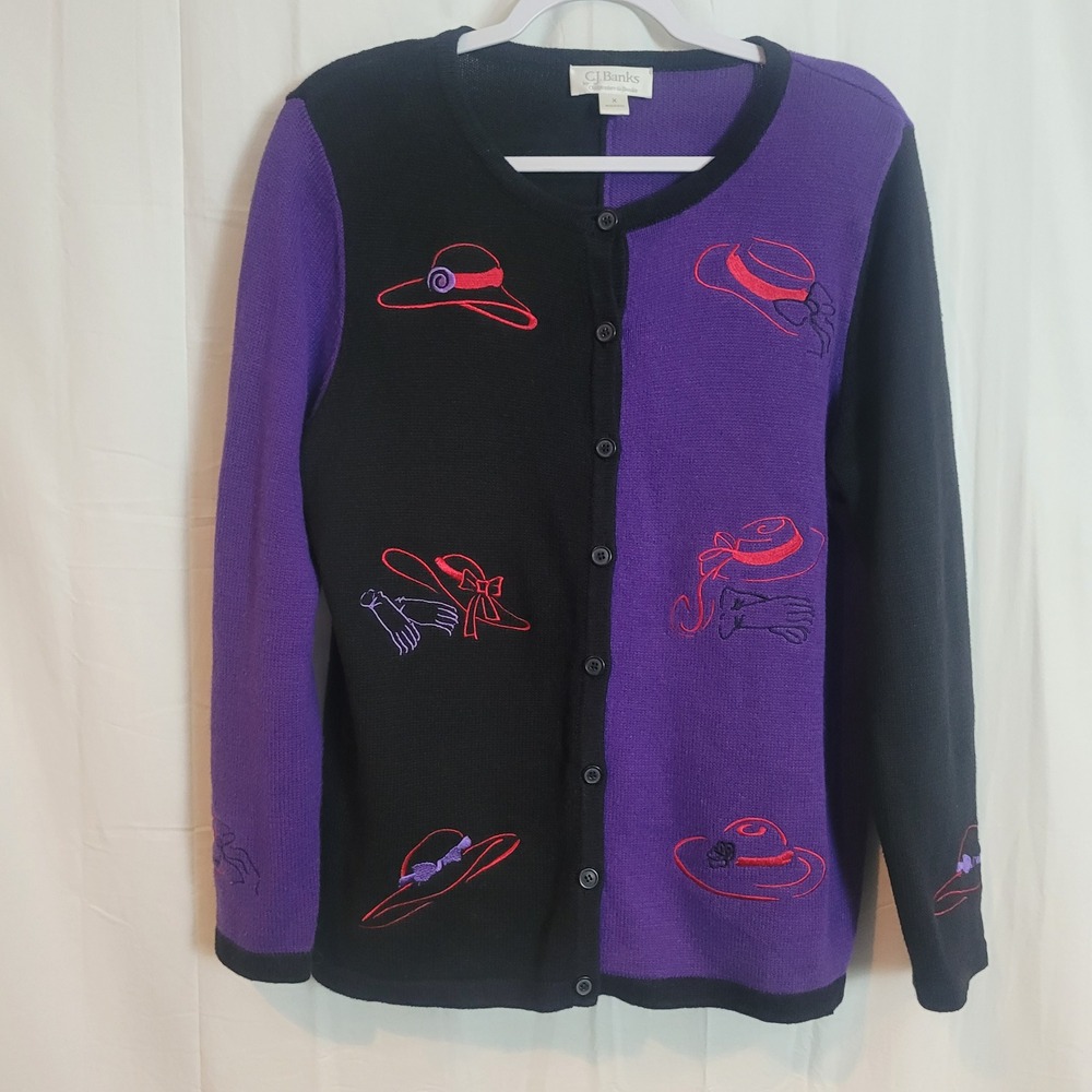 CJ Banks Womens Purple Black Colorblock Embroidered Hat Cardigan Sweater Size X